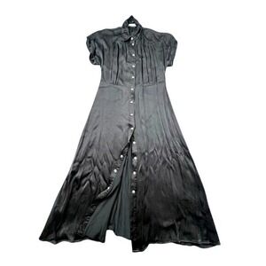 MANGO Black Viscose Shirt Dress Snap Buttons Women's M USA 8 Silky Shine